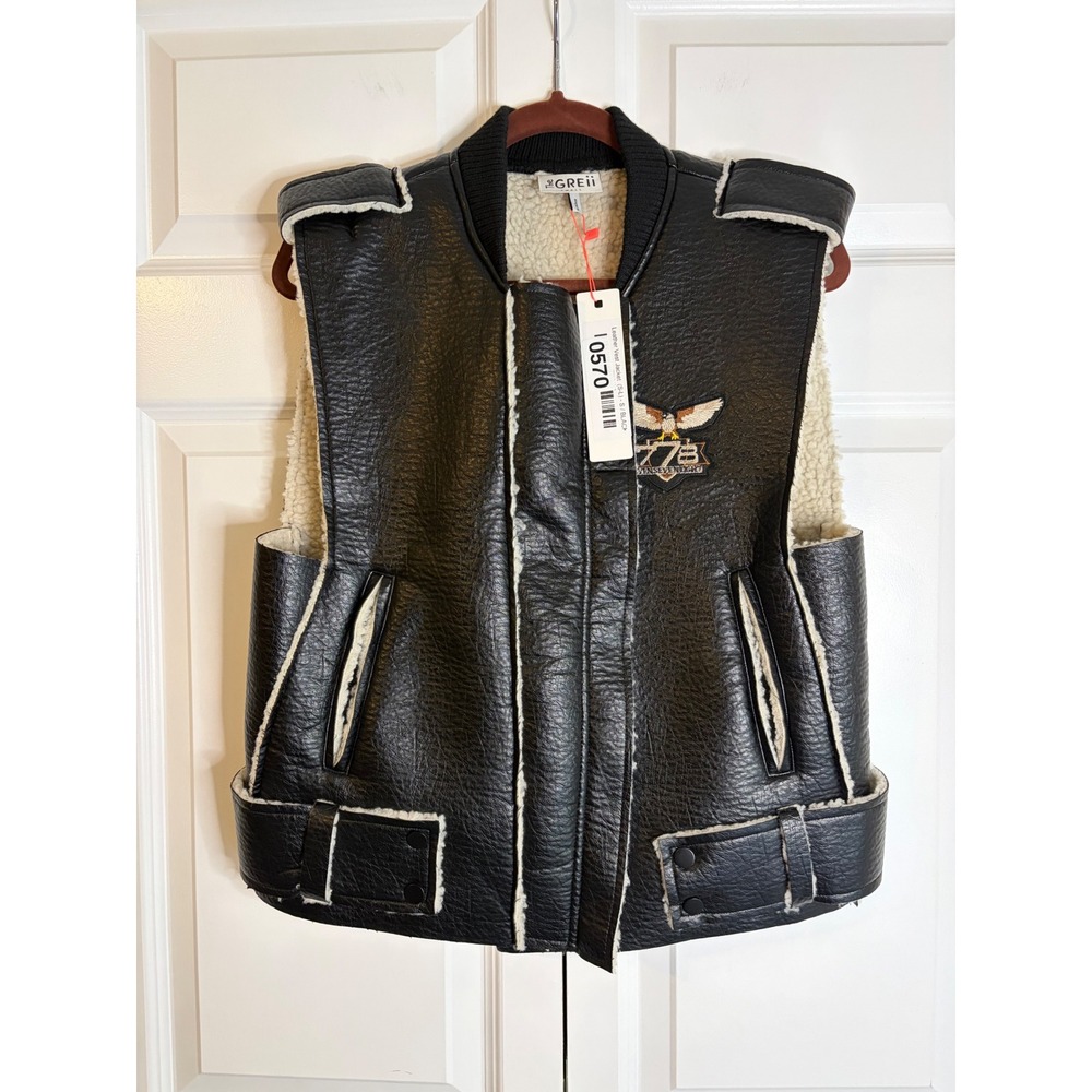 The Greii Los Angeles Faux Leather Shearling Vest Black Moto Eagle Patch Small